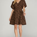 Balloon Sleeve Floral Dress - Brown-dress- Hometown Style HTS, women's in store and online boutique located in Ingersoll, Ontario