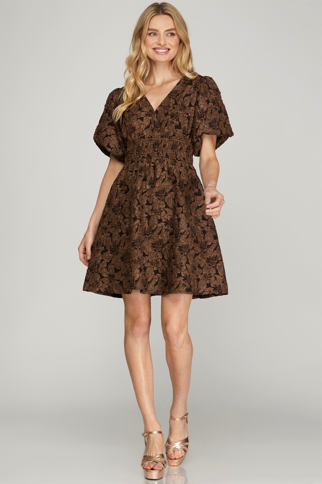 Balloon Sleeve Floral Dress - Brown-dress- Hometown Style HTS, women's in store and online boutique located in Ingersoll, Ontario