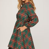 Long Sleeve Woven Plaid Dress - Green-Dresses- Hometown Style HTS, women's in store and online boutique located in Ingersoll, Ontario