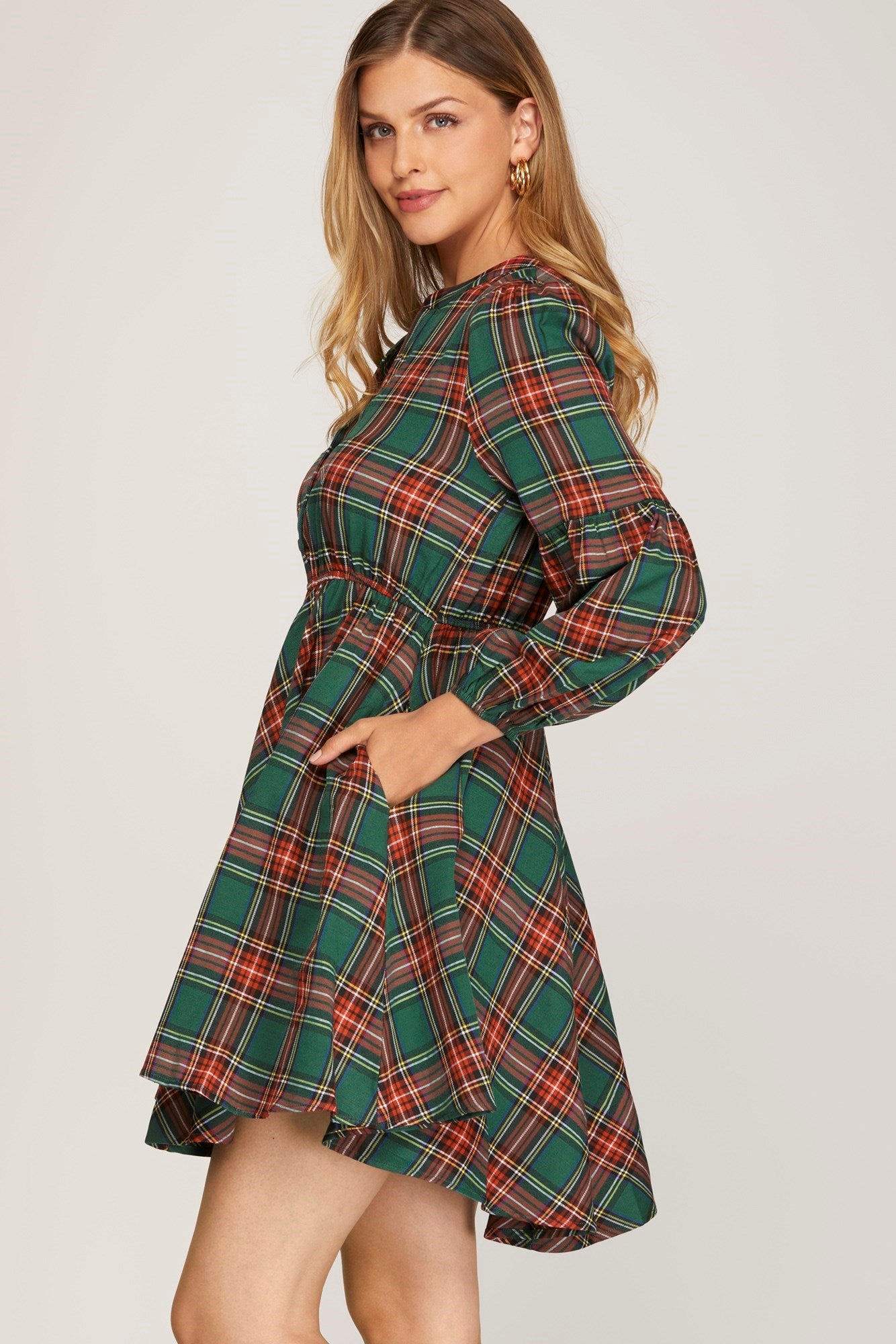 Long Sleeve Woven Plaid Dress - Green-Dresses- Hometown Style HTS, women's in store and online boutique located in Ingersoll, Ontario