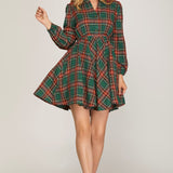 Long Sleeve Woven Plaid Dress - Green-Dresses- Hometown Style HTS, women's in store and online boutique located in Ingersoll, Ontario