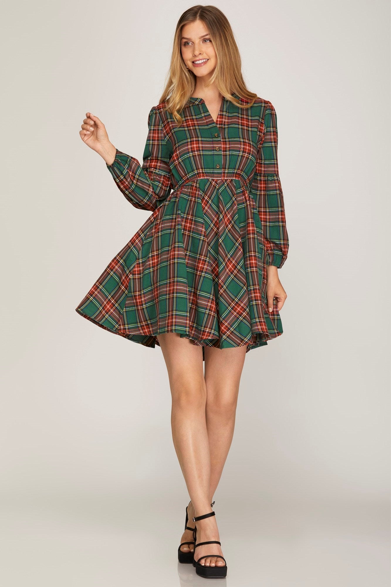 Long Sleeve Woven Plaid Dress - Green-Dresses- Hometown Style HTS, women's in store and online boutique located in Ingersoll, Ontario