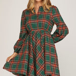 Long Sleeve Woven Plaid Dress - Green-Dresses- Hometown Style HTS, women's in store and online boutique located in Ingersoll, Ontario