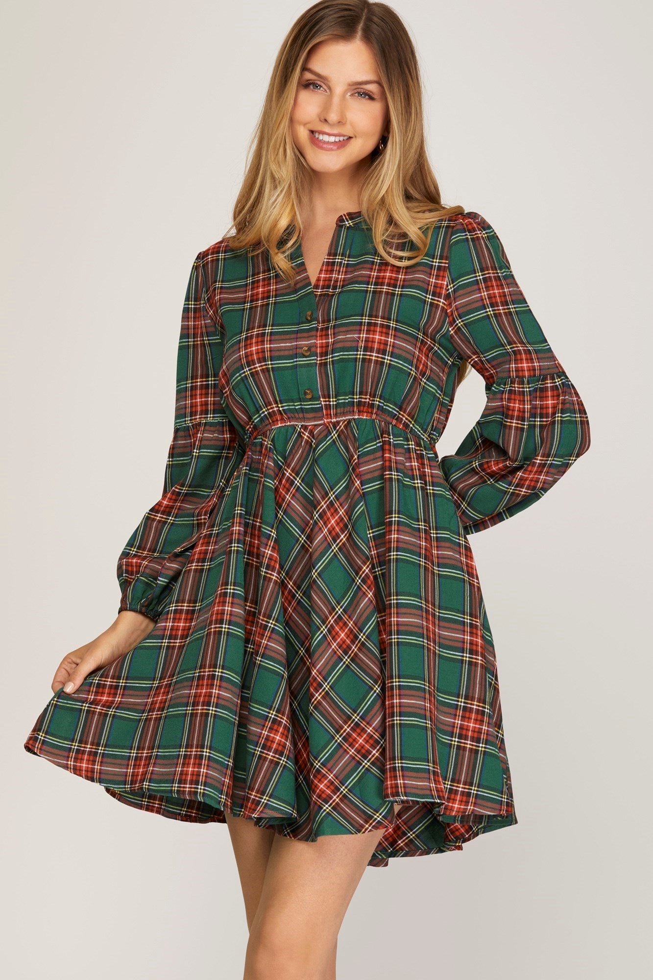 Long Sleeve Woven Plaid Dress - Green-Dresses- Hometown Style HTS, women's in store and online boutique located in Ingersoll, Ontario