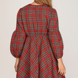 Long Sleeve Woven Plaid Dress - Red-Dress- Hometown Style HTS, women's in store and online boutique located in Ingersoll, Ontario