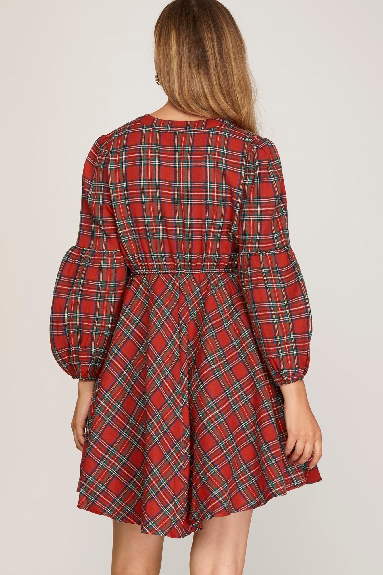 Long Sleeve Woven Plaid Dress - Red-Dress- Hometown Style HTS, women's in store and online boutique located in Ingersoll, Ontario