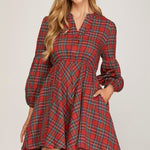 Long Sleeve Woven Plaid Dress - Red-Dress- Hometown Style HTS, women's in store and online boutique located in Ingersoll, Ontario