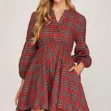 Long Sleeve Woven Plaid Dress - Red-Dress- Hometown Style HTS, women's in store and online boutique located in Ingersoll, Ontario