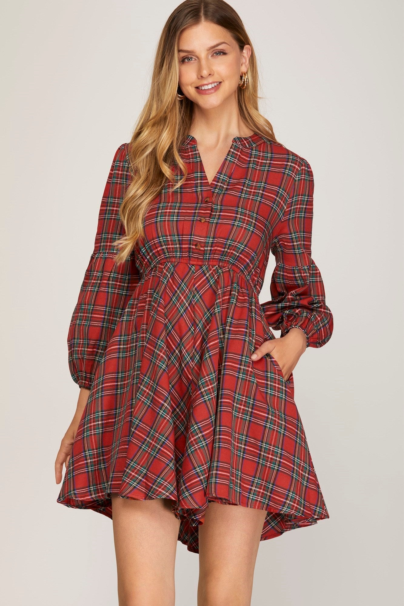 Long Sleeve Woven Plaid Dress - Red-Dress- Hometown Style HTS, women's in store and online boutique located in Ingersoll, Ontario