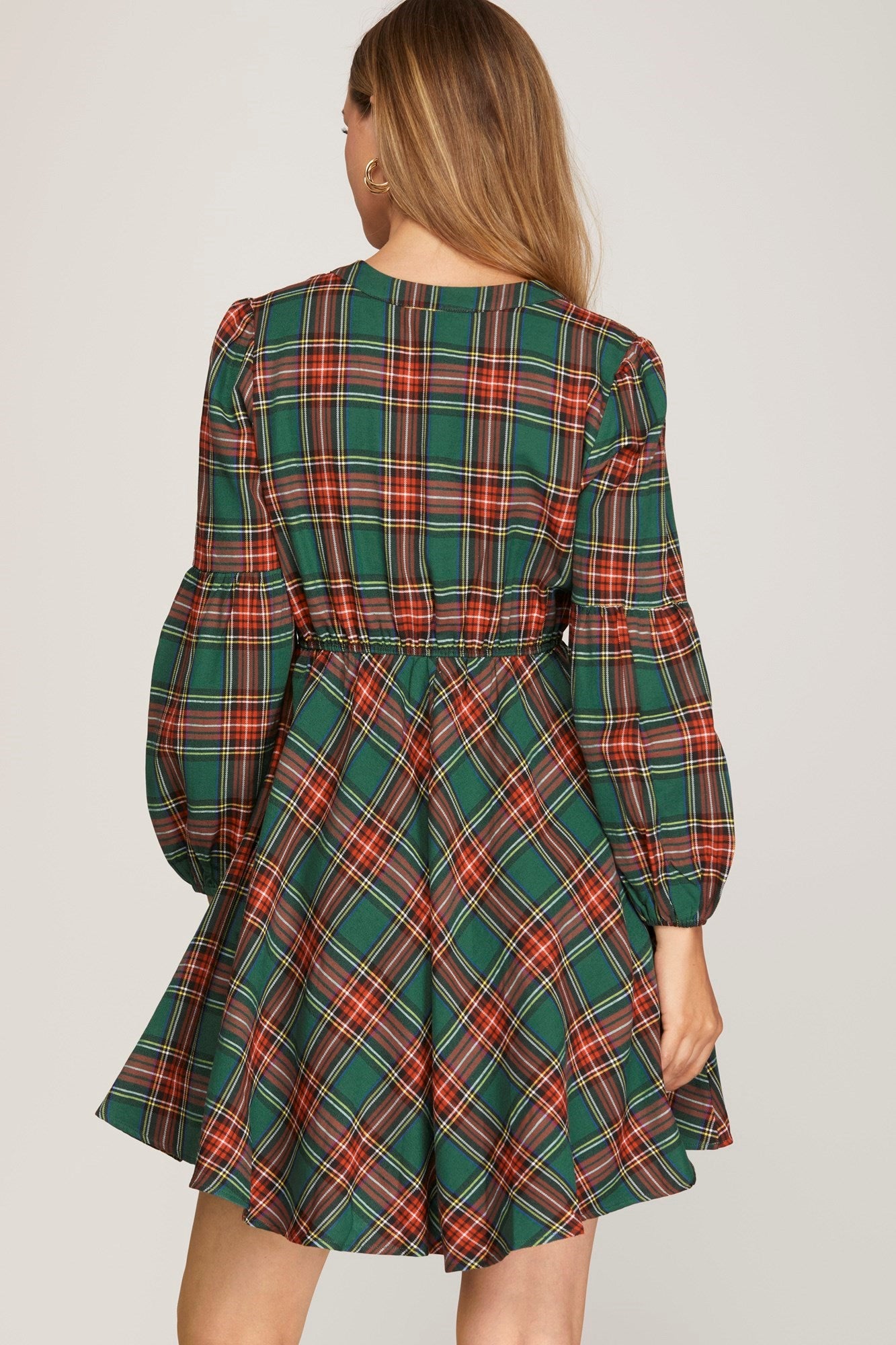 Long Sleeve Woven Plaid Dress - Green-Dresses- Hometown Style HTS, women's in store and online boutique located in Ingersoll, Ontario