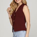 Sleeveless Gold Button Sweater Vest - Wine-vest- Hometown Style HTS, women's in store and online boutique located in Ingersoll, Ontario