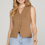 Sleeveless Gold Button Sweater Vest - Mocha-Tops- Hometown Style HTS, women's in store and online boutique located in Ingersoll, Ontario