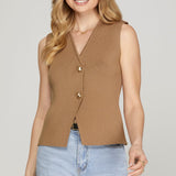 Sleeveless Gold Button Sweater Vest - Mocha-Tops- Hometown Style HTS, women's in store and online boutique located in Ingersoll, Ontario