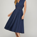 Smocked Waist Midi Dress - Denim-dress- Hometown Style HTS, women's in store and online boutique located in Ingersoll, Ontario