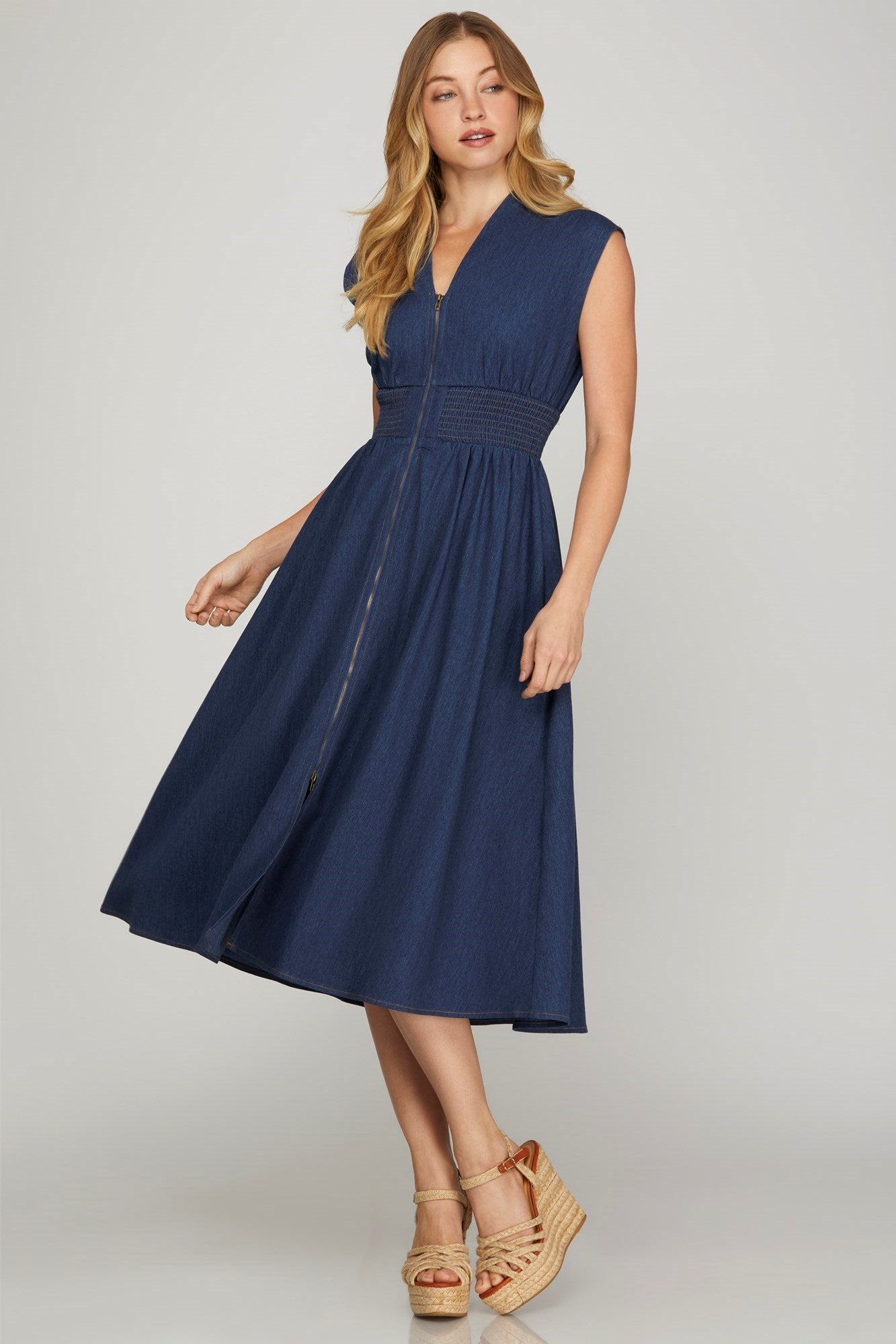 Smocked Waist Midi Dress - Denim-dress- Hometown Style HTS, women's in store and online boutique located in Ingersoll, Ontario