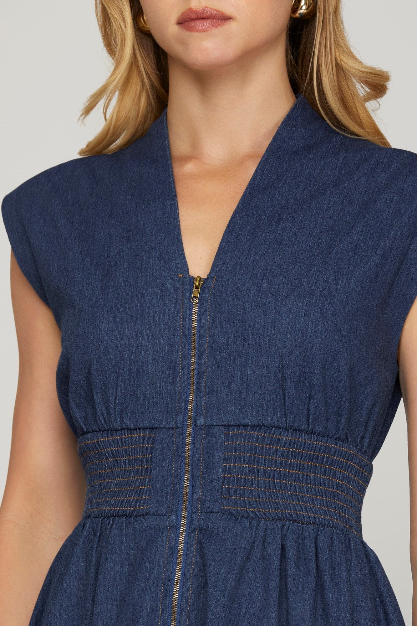 Smocked Waist Midi Dress - Denim-dress- Hometown Style HTS, women's in store and online boutique located in Ingersoll, Ontario