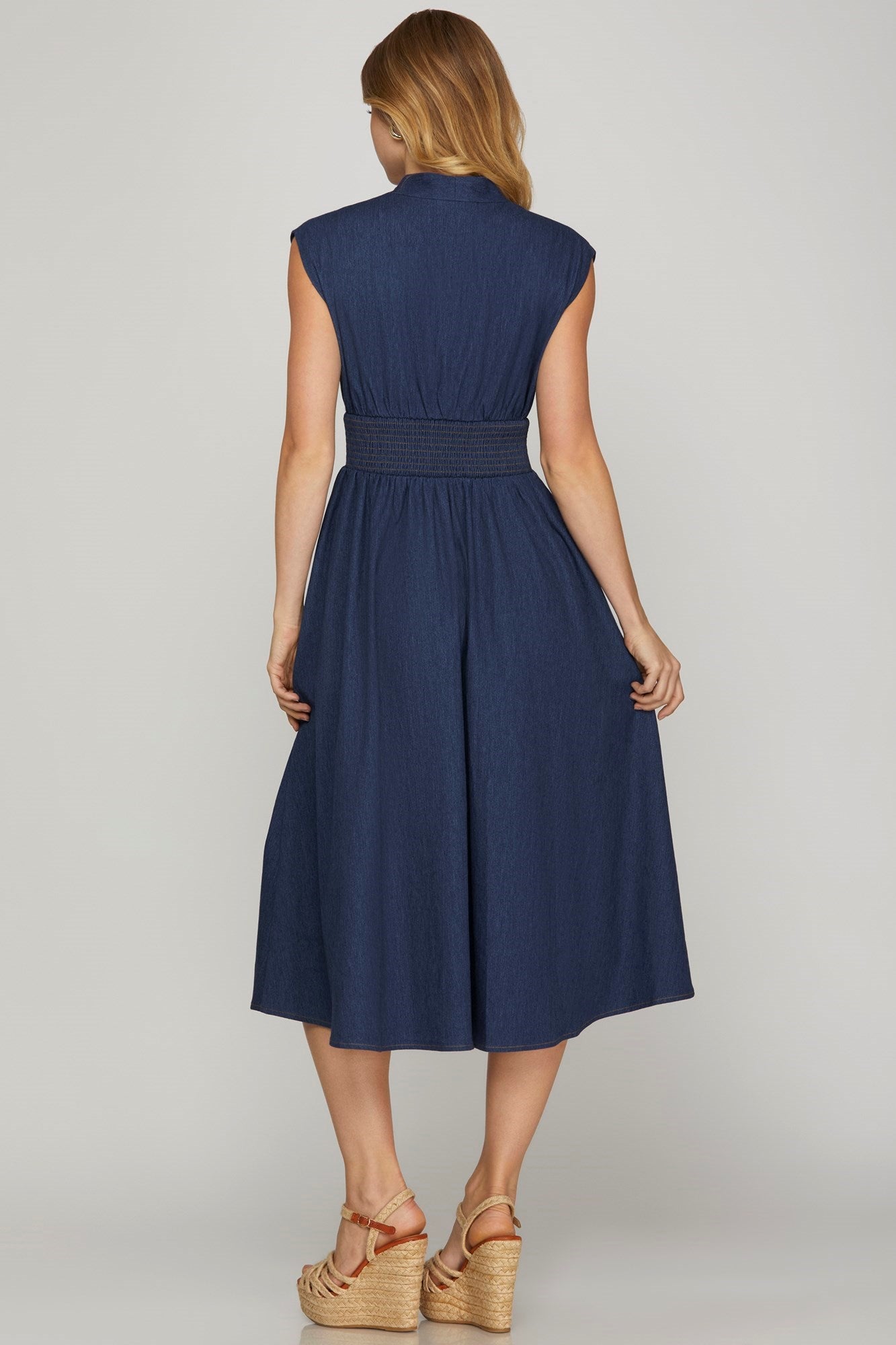 Smocked Waist Midi Dress - Denim-dress- Hometown Style HTS, women's in store and online boutique located in Ingersoll, Ontario