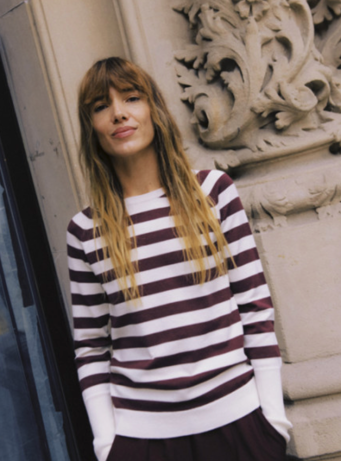 BYMMORLA LONG SLEEVE PULLOVER - FIG/BIRCH STRIPE-Sweater- Hometown Style HTS, women's in store and online boutique located in Ingersoll, Ontario