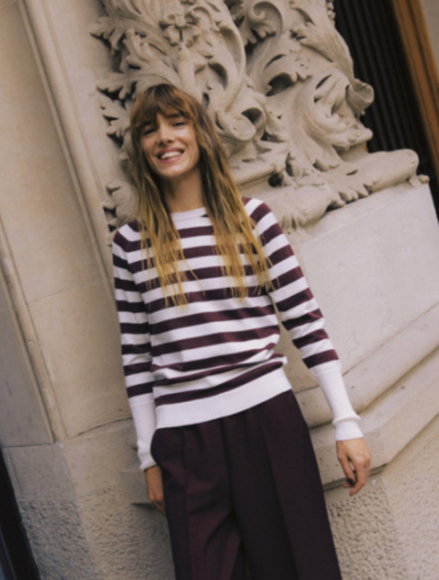 BYMMORLA LONG SLEEVE PULLOVER - FIG/BIRCH STRIPE-Sweater- Hometown Style HTS, women's in store and online boutique located in Ingersoll, Ontario