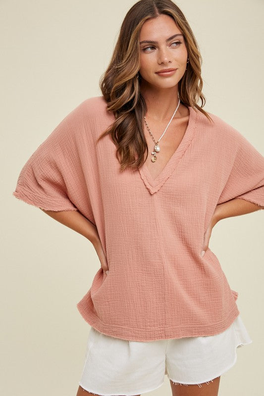 Oversized Cotton Gauze Top - Rose-Shirts & Tops- Hometown Style HTS, women's in store and online boutique located in Ingersoll, Ontario