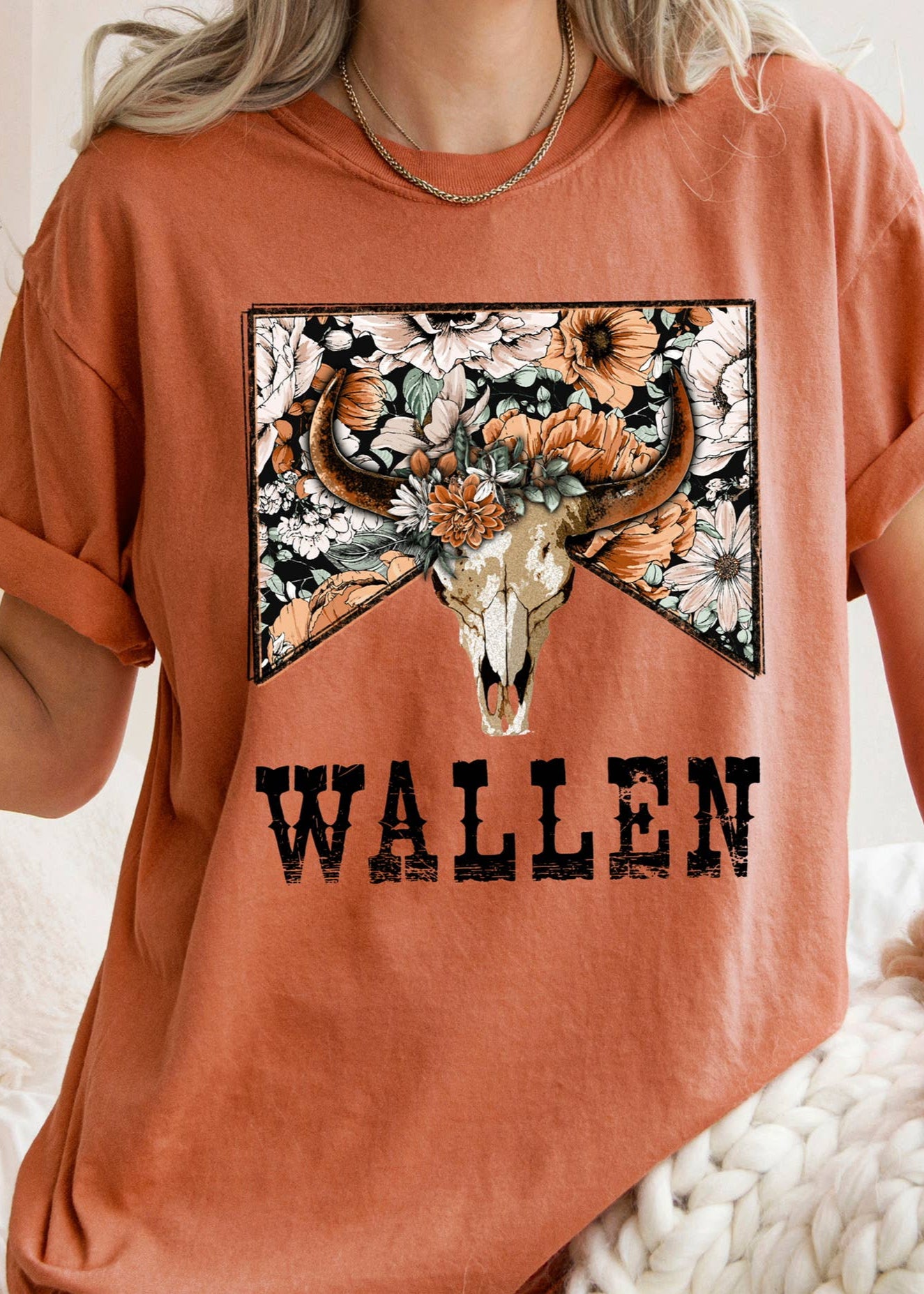 Wallen Floral Bull Comfort Tee: Yam / Large- Hometown Style HTS, women's in store and online boutique located in Ingersoll, Ontario
