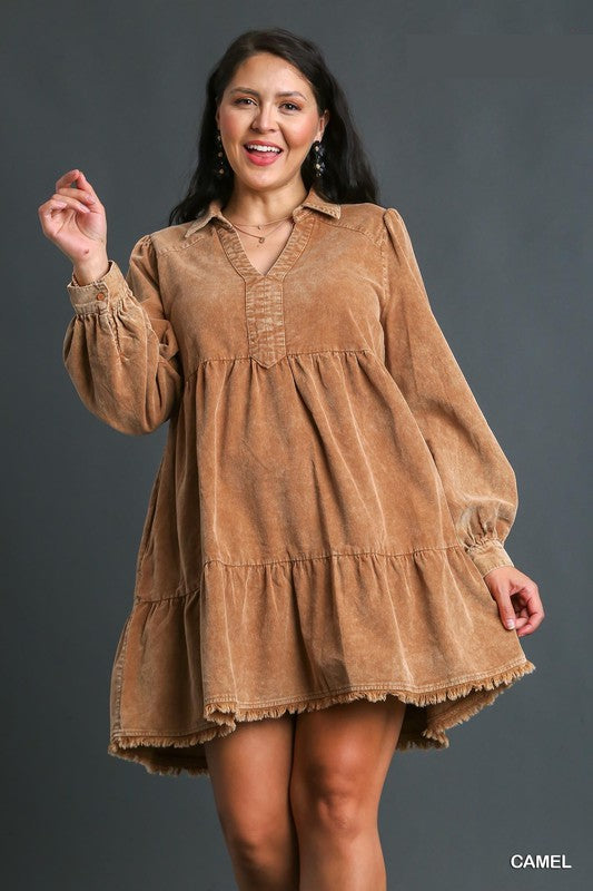 Corduroy Tiered Dress -EX - Camel-Dress- Hometown Style HTS, women's in store and online boutique located in Ingersoll, Ontario