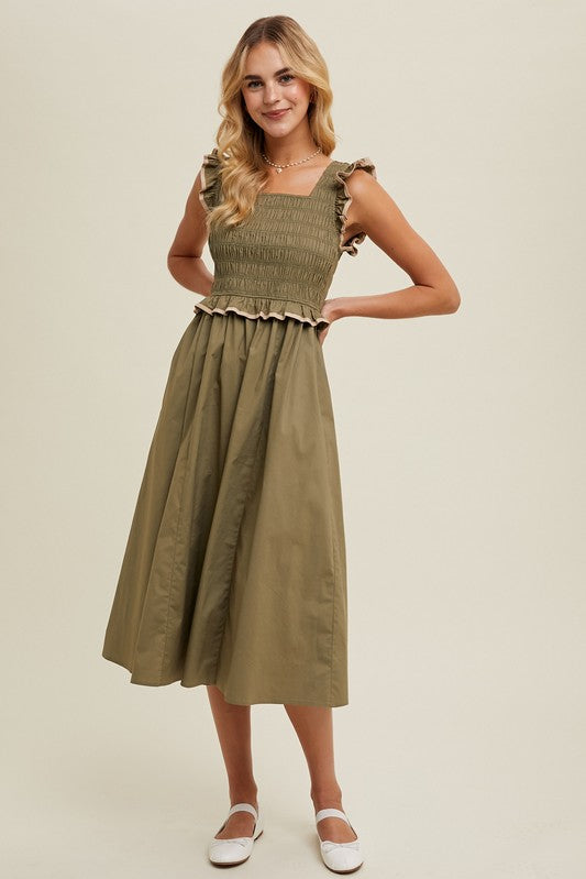 Ruffle detail, Midi Dress - Olive-Dress- Hometown Style HTS, women's in store and online boutique located in Ingersoll, Ontario