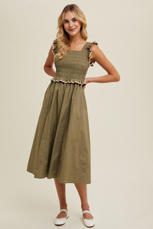 Ruffle detail, Midi Dress - Olive-Dress- Hometown Style HTS, women's in store and online boutique located in Ingersoll, Ontario