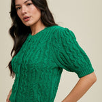 Cable Knit Puff Sleeve Cardigan - Green-sweater- Hometown Style HTS, women's in store and online boutique located in Ingersoll, Ontario