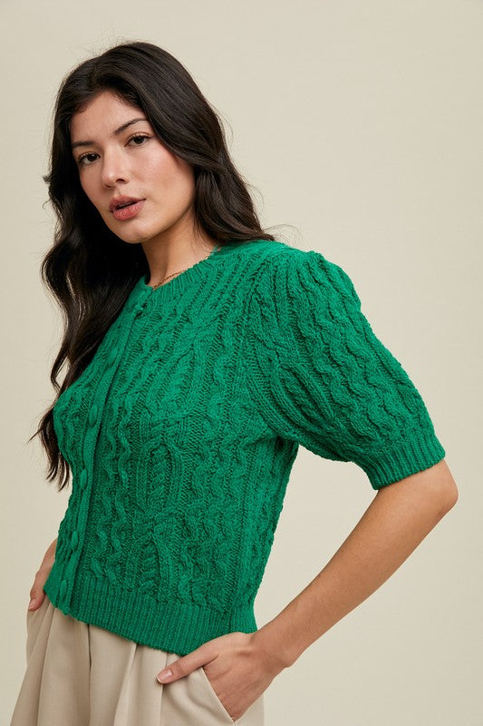 Cable Knit Puff Sleeve Cardigan - Green-sweater- Hometown Style HTS, women's in store and online boutique located in Ingersoll, Ontario