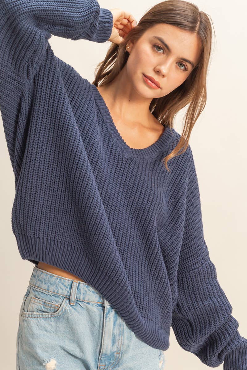 Oversized V Neck Knit Sweater - Midnight Blue-sweater- Hometown Style HTS, women's in store and online boutique located in Ingersoll, Ontario