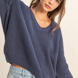 Oversized V Neck Knit Sweater - Midnight Blue-sweater- Hometown Style HTS, women's in store and online boutique located in Ingersoll, Ontario