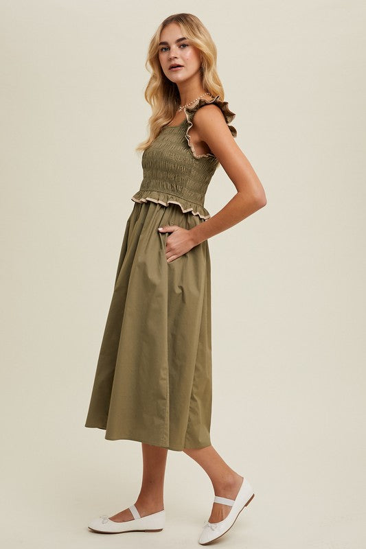 Ruffle detail, Midi Dress - Olive-Dress- Hometown Style HTS, women's in store and online boutique located in Ingersoll, Ontario