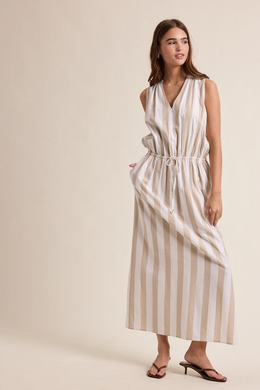 Striped Maxi Dress with Drawstring-Casual Dresses- Hometown Style HTS, women's in store and online boutique located in Ingersoll, Ontario