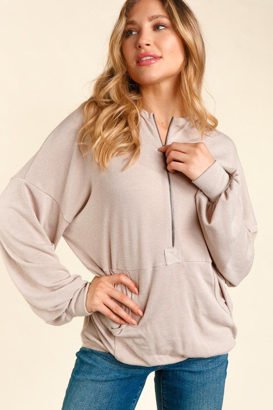 Half Zip Hoodie Pullover - Taupe-Sweater- Hometown Style HTS, women's in store and online boutique located in Ingersoll, Ontario