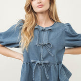 Denim Tie Blouse-blouse- Hometown Style HTS, women's in store and online boutique located in Ingersoll, Ontario