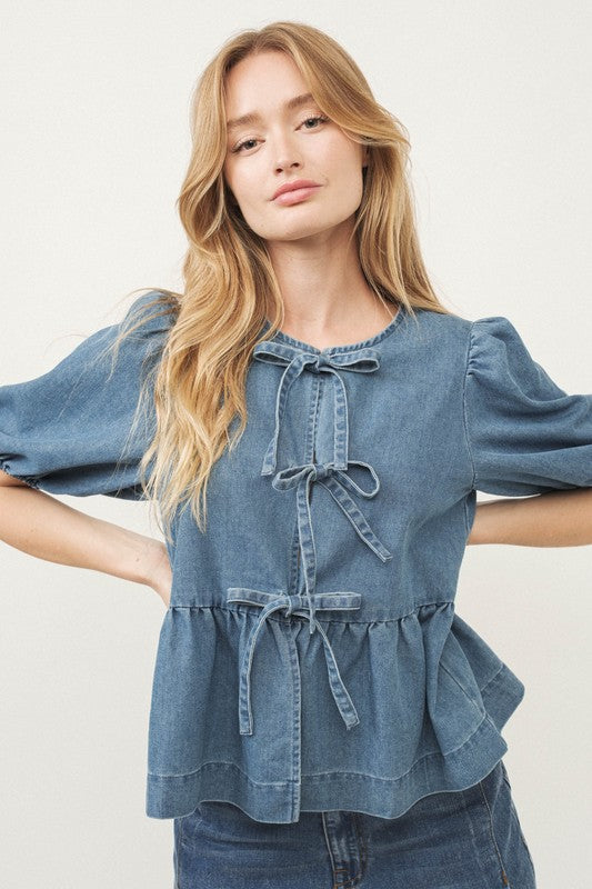 Denim Tie Blouse-blouse- Hometown Style HTS, women's in store and online boutique located in Ingersoll, Ontario