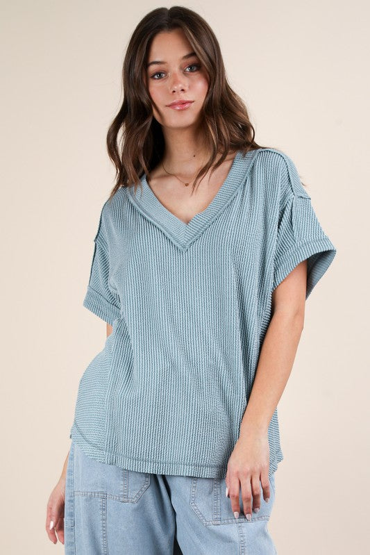 Casual Ribbed Knit Tee - Blue-tee- Hometown Style HTS, women's in store and online boutique located in Ingersoll, Ontario