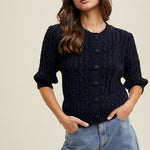 Cable Knit Puff Sleeve Cardigan - Navy-sweater- Hometown Style HTS, women's in store and online boutique located in Ingersoll, Ontario