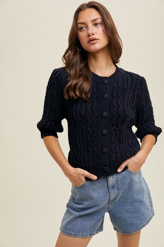 Cable Knit Puff Sleeve Cardigan - Navy-sweater- Hometown Style HTS, women's in store and online boutique located in Ingersoll, Ontario