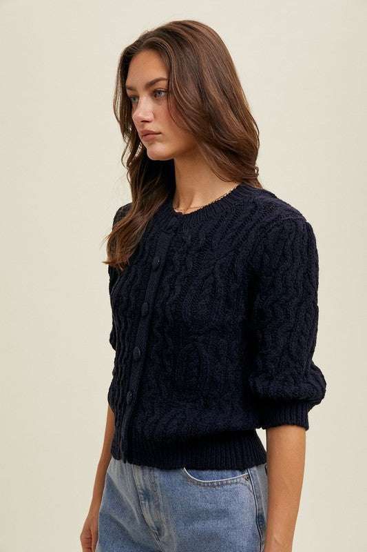 Cable Knit Puff Sleeve Cardigan - Navy-sweater- Hometown Style HTS, women's in store and online boutique located in Ingersoll, Ontario