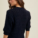 Cable Knit Puff Sleeve Cardigan - Navy-sweater- Hometown Style HTS, women's in store and online boutique located in Ingersoll, Ontario