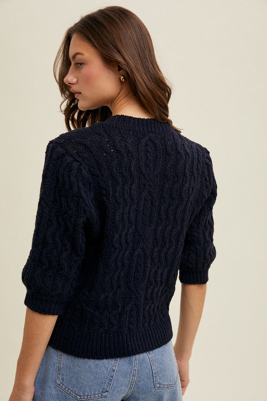 Cable Knit Puff Sleeve Cardigan - Navy-sweater- Hometown Style HTS, women's in store and online boutique located in Ingersoll, Ontario