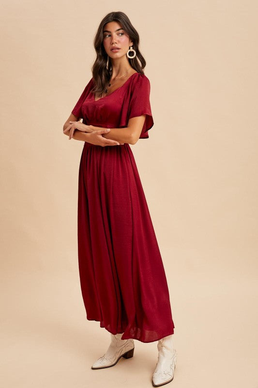 Washed Satin Lace Maxi - Cranberry-Special Occasion Dresses- Hometown Style HTS, women's in store and online boutique located in Ingersoll, Ontario