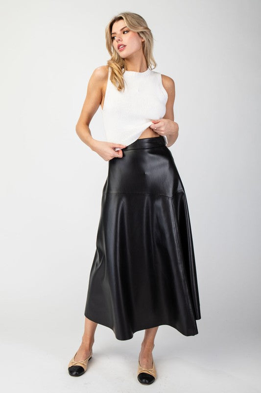 Faux Leather Midi Skirt - Black-skirt- Hometown Style HTS, women's in store and online boutique located in Ingersoll, Ontario