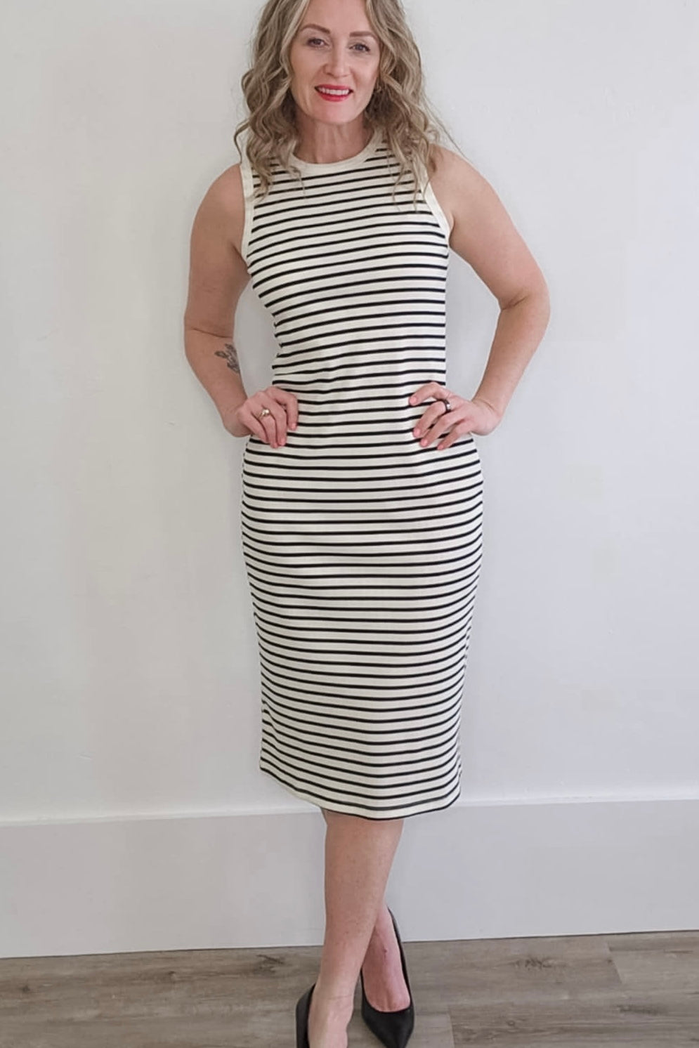 Striped Midi Ribbed Knit Dress - White/Black-dress- Hometown Style HTS, women's in store and online boutique located in Ingersoll, Ontario