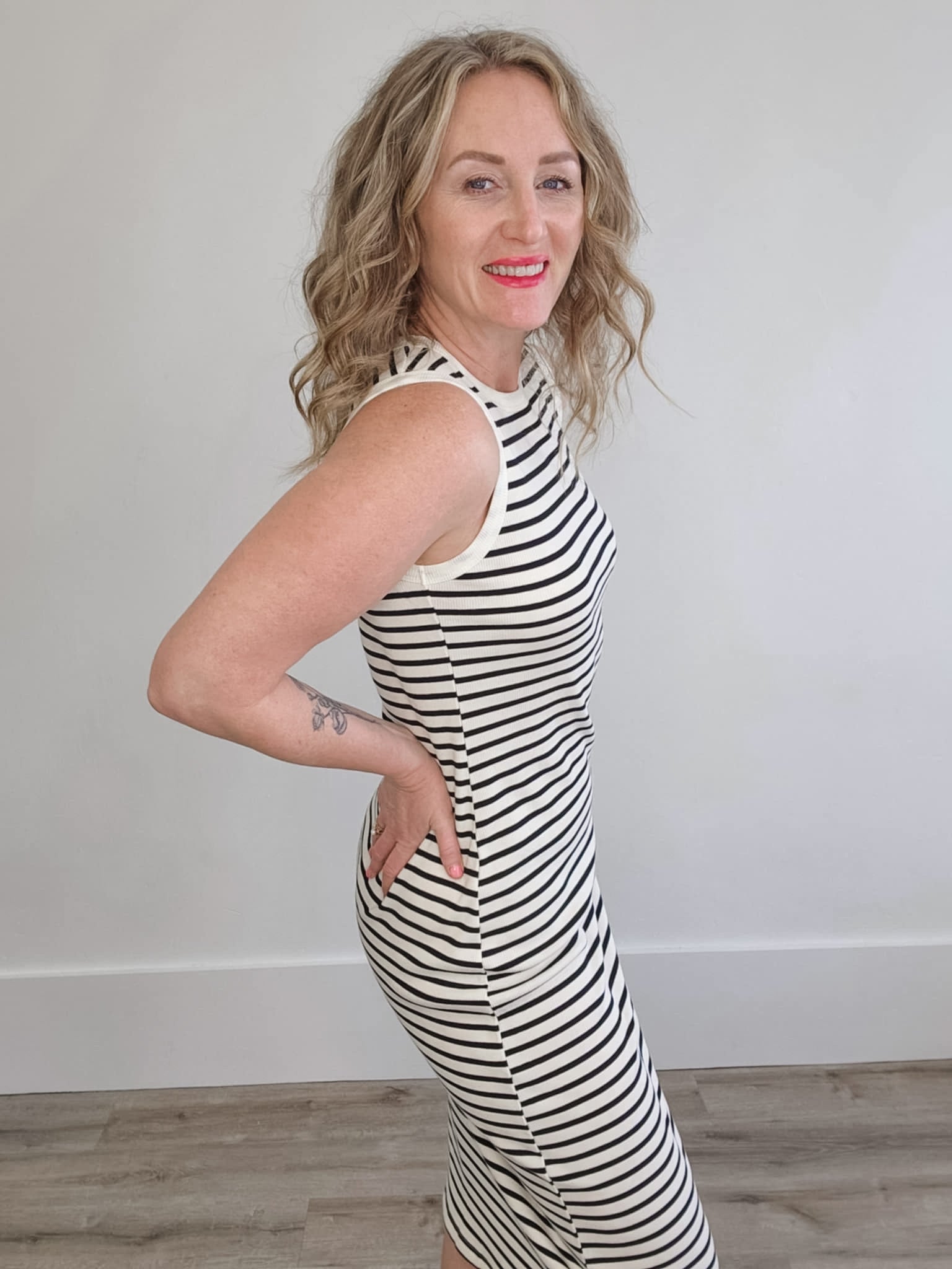 Striped Midi Ribbed Knit Dress - White/Black-dress- Hometown Style HTS, women's in store and online boutique located in Ingersoll, Ontario