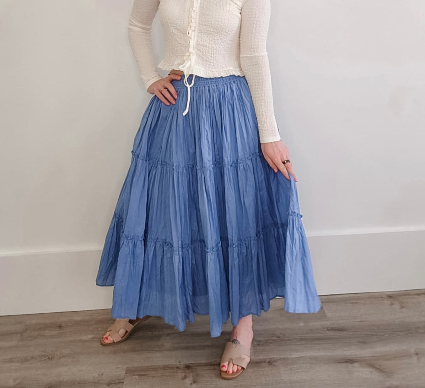 Tiered Crinkle Midi Skirt - Blue-skirt- Hometown Style HTS, women's in store and online boutique located in Ingersoll, Ontario