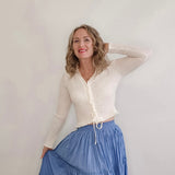 Woven Long Sleeve Lace up Top - Off White-Tops- Hometown Style HTS, women's in store and online boutique located in Ingersoll, Ontario