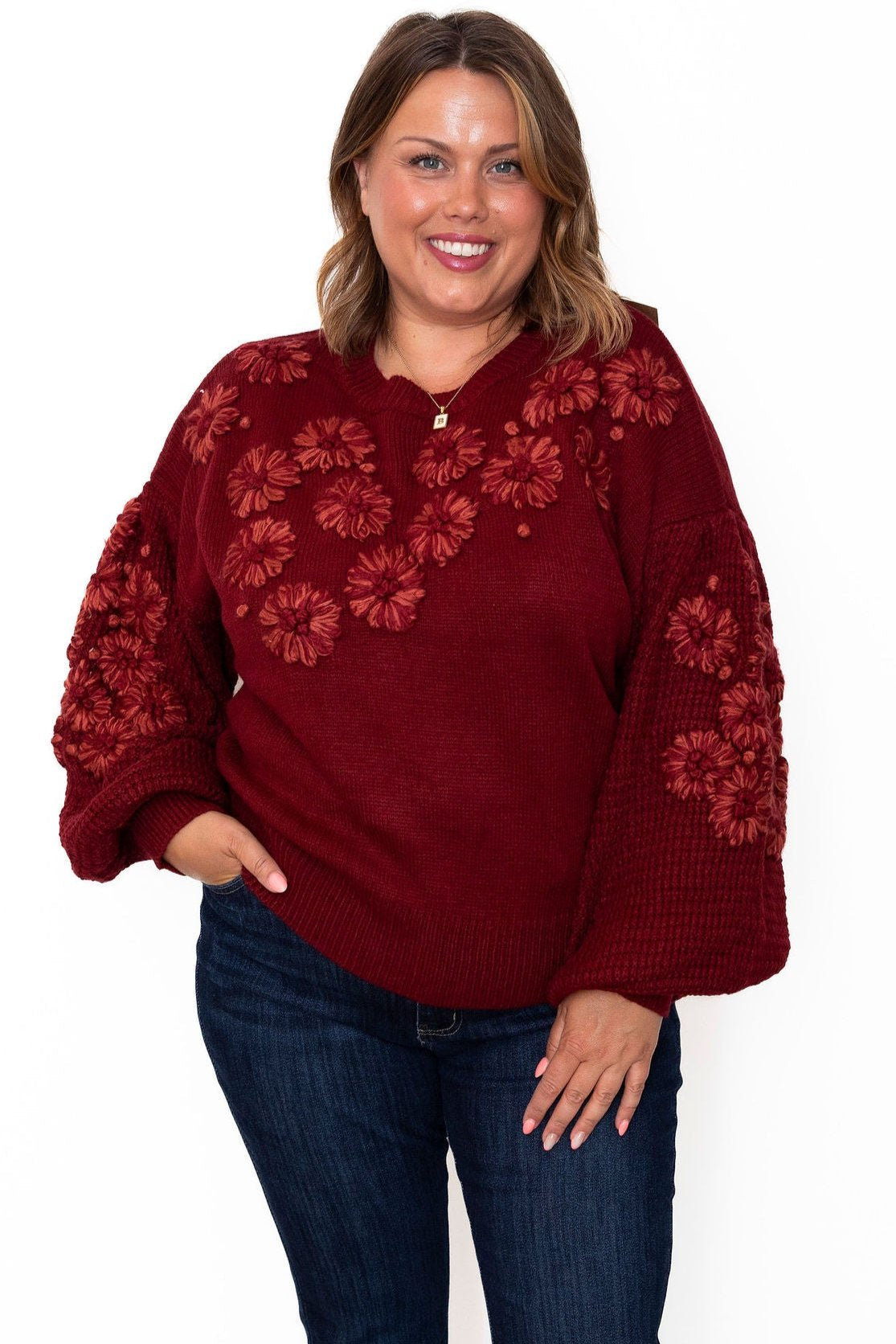 Flower Detail Sweater - Crimson-Sweater- Hometown Style HTS, women's in store and online boutique located in Ingersoll, Ontario